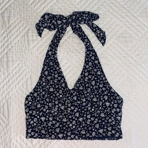 American Eagle Navy/White Floral Smocked Back V-Neck Halter Top
